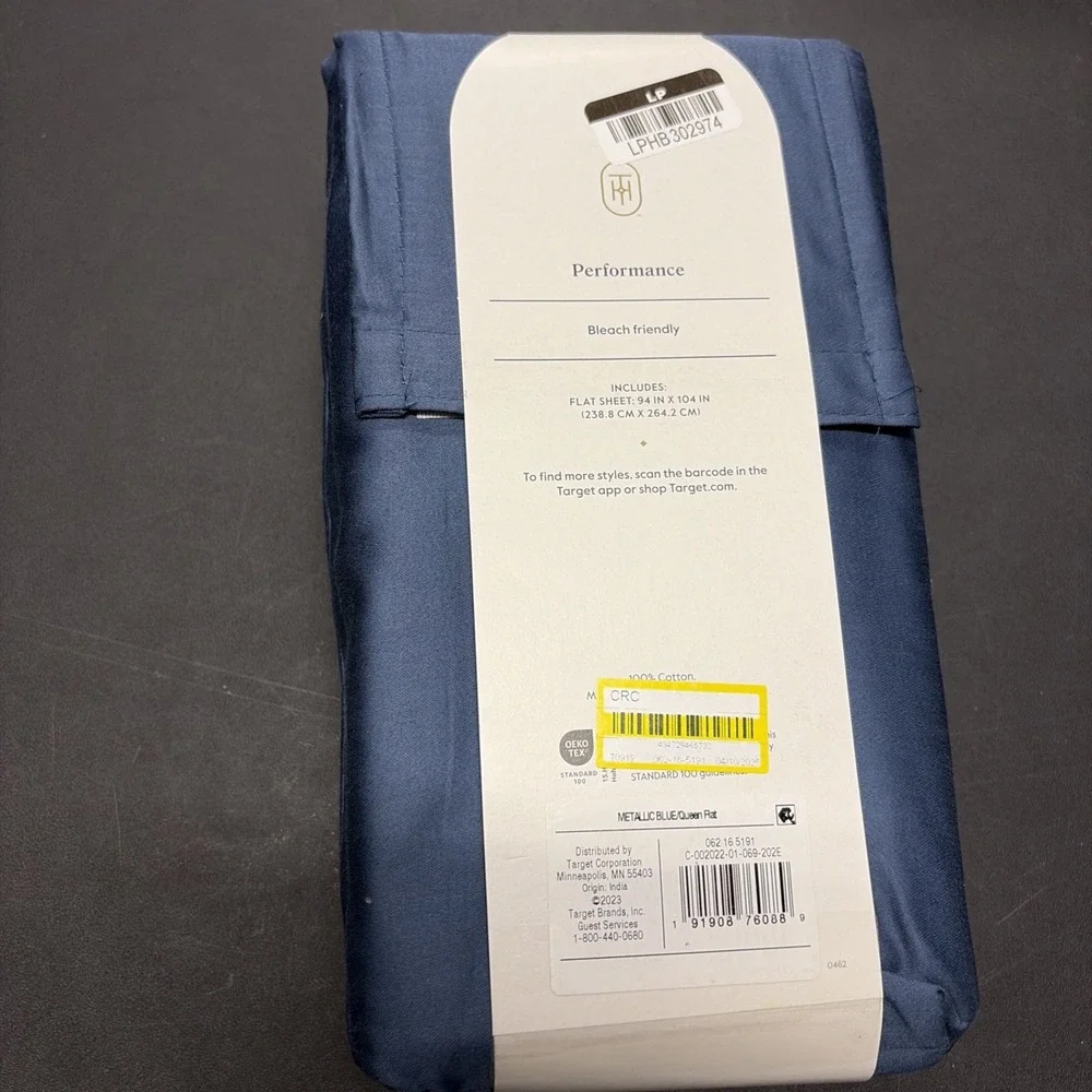 Threshold Performance Cotton Sateen QUEEN Flat Sheet Blue 400 TC Smooth 20631